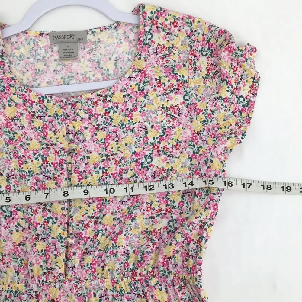 Passport Girls Pink Yellow Green Button Up Elastic Waist Sundress 14